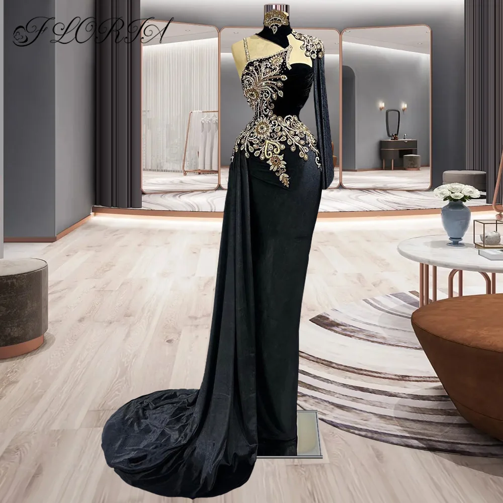 

Luxury Velvet Trumpet Evening Dresses One Shoulder Arabic Beaded Long Prom Party Gowns Custom Made Robe De Soiree 2023 Formales