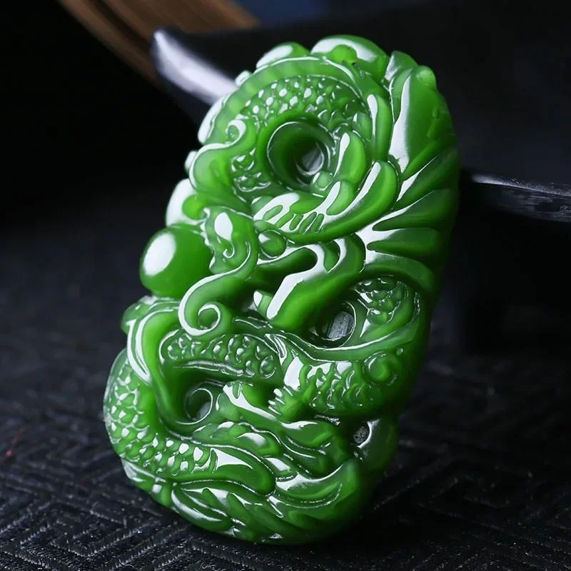 Pendant Necklace Natural Green Jade Dragon Hand-Carved Man Luck Amulet Gifts Woman Sweater Chain