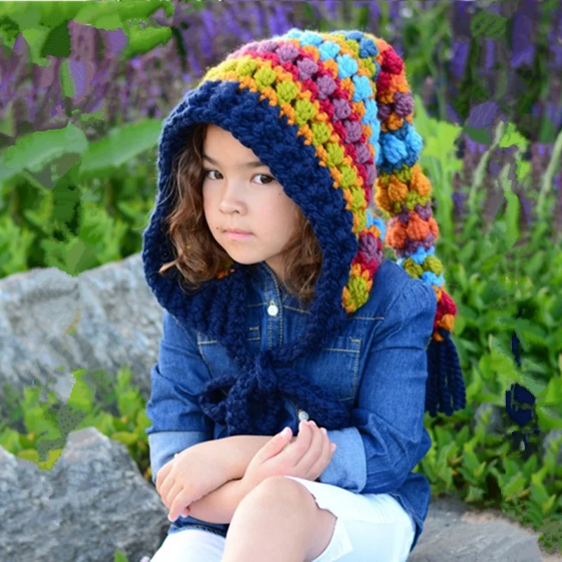 Children's crochet rainbow long tail hat wizard elf knitted wool warm hat men and women thickened winter long braided