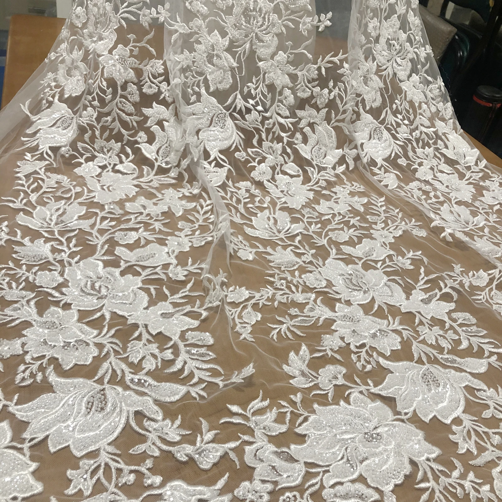

New high-grade Sequins Beads Tulle Embroidered Wedding Dress Lace Fabric DIY Clothing Accessories