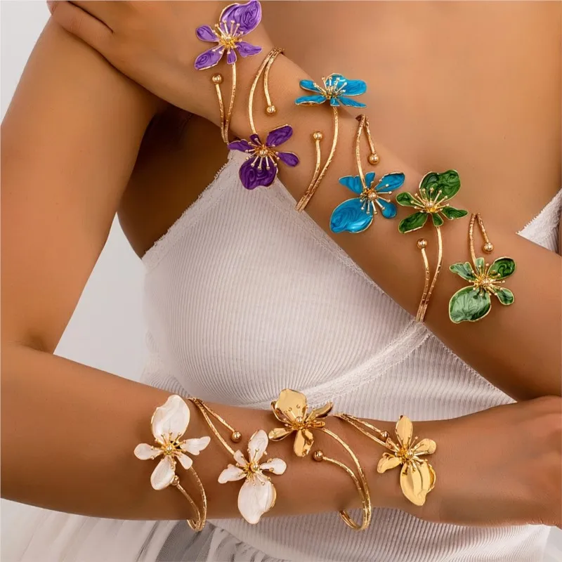 1pc Elegant & Sexy Floral Open Cuff Armlet for Women Vintage Enamel Glaze Craft Flower Open Arm Ring Jewelry Gift