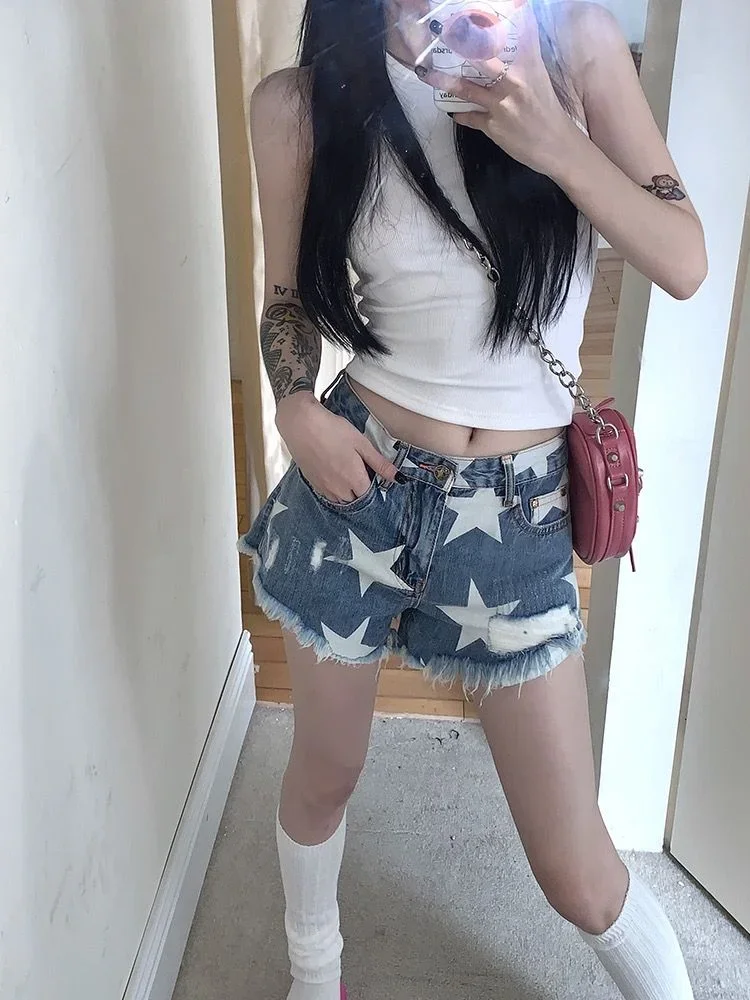 ADAgirl Star Print Summer Denim Shorts Women Y2k Ripped Low Wasit Jean Shorts Female Streetwear American Retro Hotsweet Bottoms