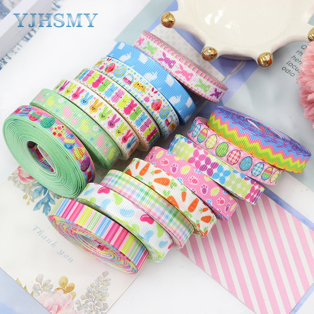 부활절 Grosgrain 리본 다채로운 줄무늬 격자 무늬 리본 계란 토끼 당근 꽃 리본 봄 부활절 12월을위한 선물 포장 리본