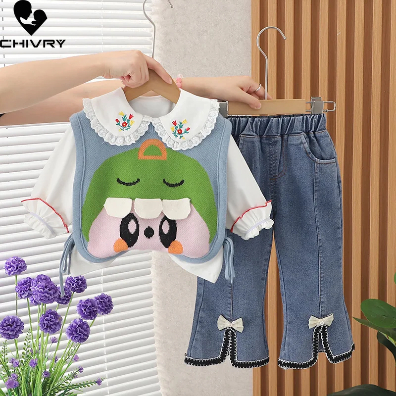

New Autumn Kids Cute Cartoon Jacquard Knit Vest Lapel Shirt with Denim Pants Jeans Baby Girls Fashion Three-piece Clothing Sets