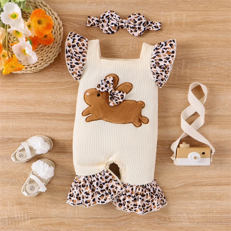 

2023-12-05 Lioraitiin 0-18M Baby Girl Summer Outfit Fly Sleeve Rabbit Leopard Print Jumpsuit with Bow Headband Baby Clothes