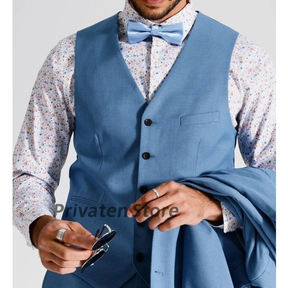 Men Suit Vest V-neck Blue With Pockets Linen Wedding Prom Summer Beach Clothing  New Arrival Fashion Male Top erkek yelek