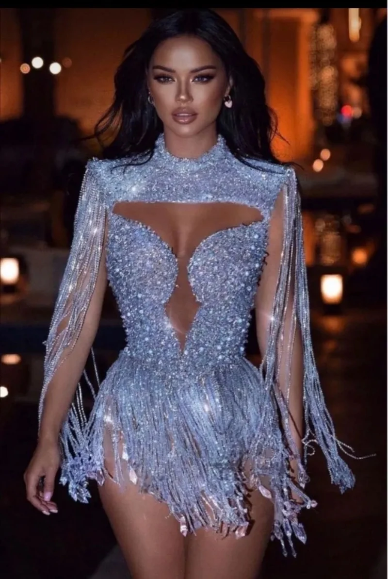 

Shiny Cocktail Dresses Sequined Tassels Prom Dress Custom Made Mermaid Plus Size Club Wear banquet dress