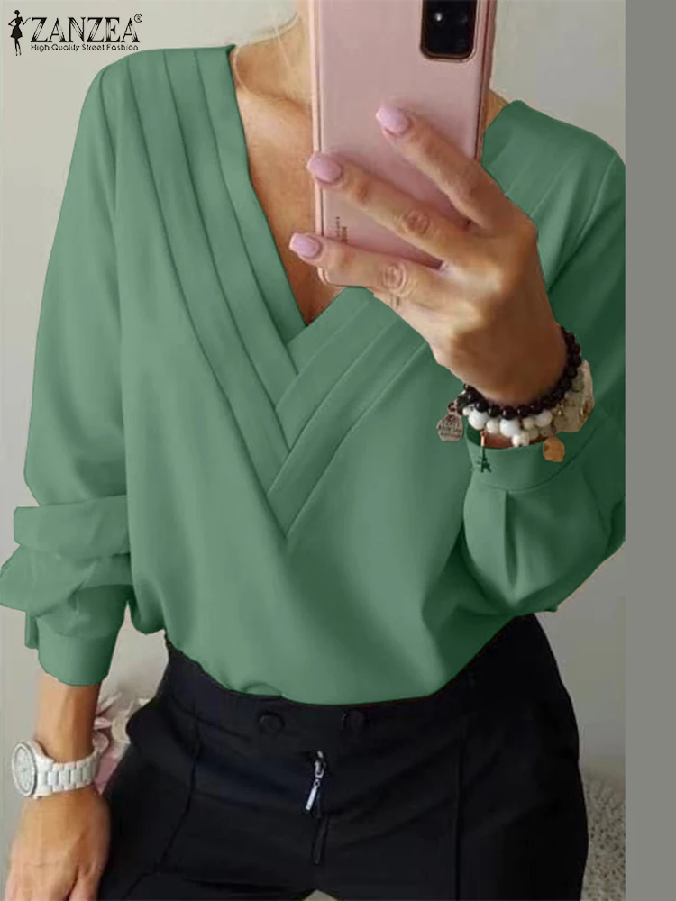 ZANZEA Vintage Chic Pleating Tunics Elegant V-Neck Chiffon Blouse Women Office Long Sleeve Shirt 2024 Spring Fashion Solid Tops