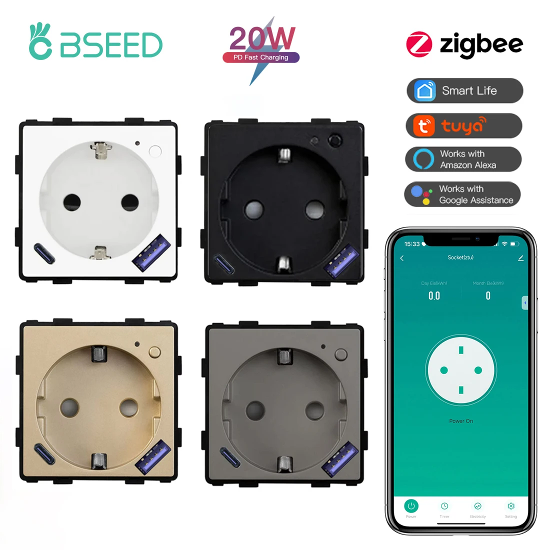 BSEED Zigbee สมาร์ทซ็อกเก็ต Part Power Monitor Outlet พร้อม USB Type-C ชิ้นส่วน DIY 20W FAST CHARGE Tuya Smart Life Alexa APP Control 1