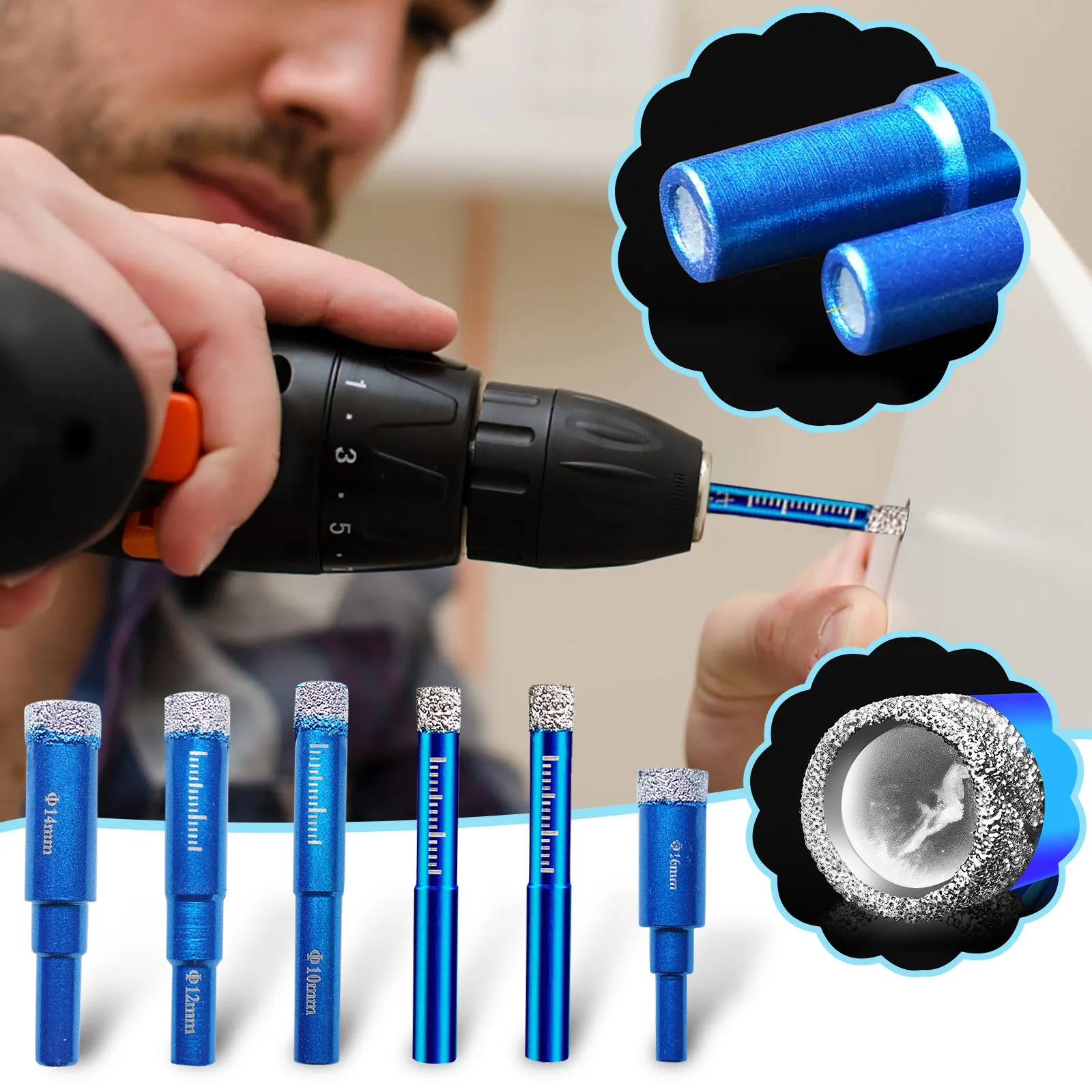 Dry Diamond Drill Bits Set Small Diamond Hole Saw Kit For Granite Marble Porcelain Tile Ceramic Stone Glass Hard Materials Round Shank 1/4, 5/16, 3/8, 1/2, 9/16