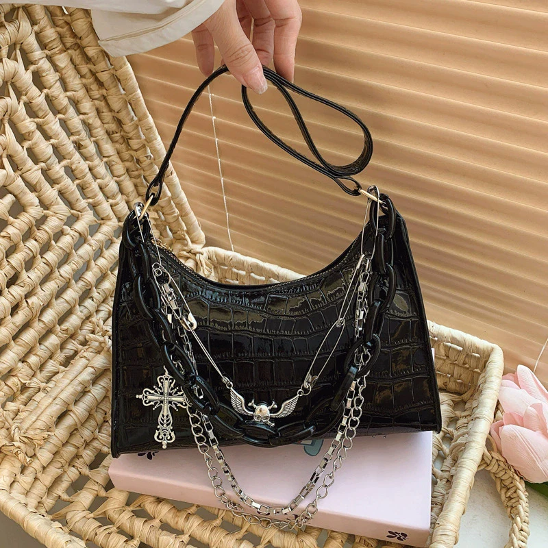 Women's Bag Trend Gothic Skull Chains Handbags Female High Street Punk Cross Ladies Shoulder Bags