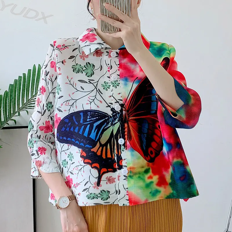 

High-quality Miyake Pleated Tops 2023 Fall New Fashionable Peplum Cardigan Seven-point Sleeve Short Women's Jacket Fashion Slim