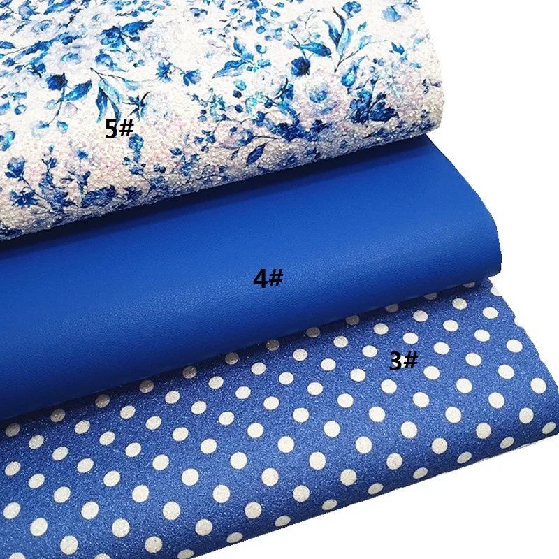 Description Picture 3 of itemIridescent Blue Glitter Leather Hearts Dots Flowers Printed Synthetic Leather Smooth Faux Leather DIY Craft Sheet Mini Roll W431
