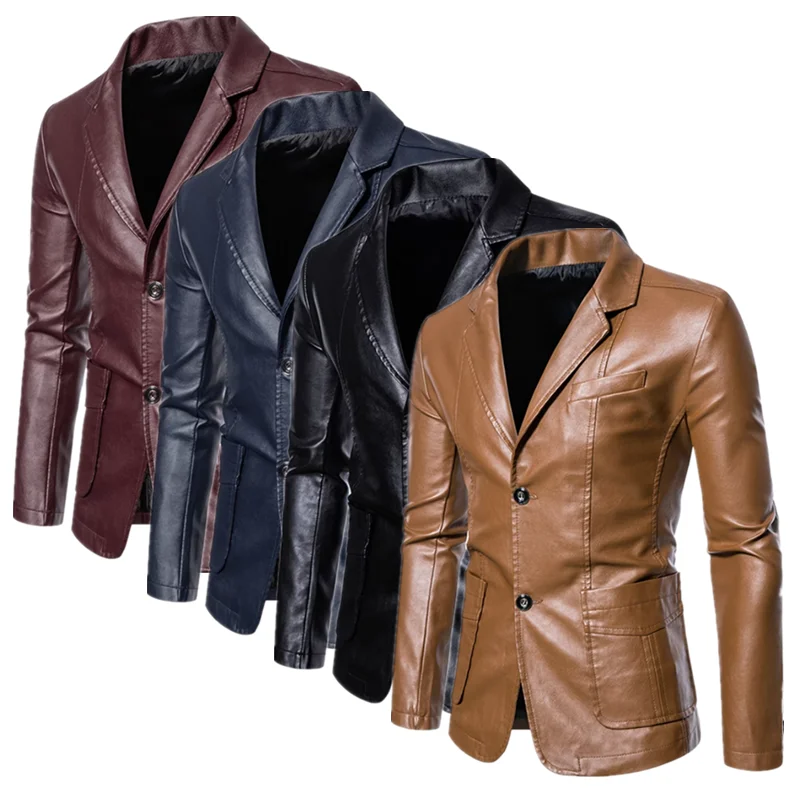 Leather Jackets New Men Business Casual Leather Jacket Black / khaki Fashion Male Suit Collar Coats Large Size 5XL Slim Fit Top