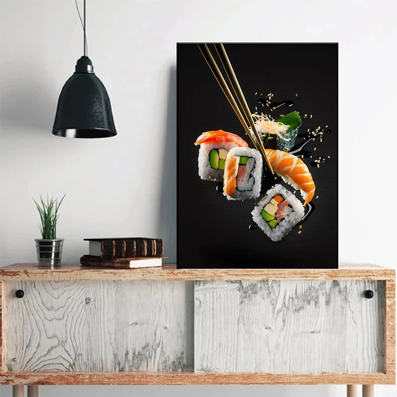 Japanese Salmon Sushi Canvas Wall Art - Cute Aesthetic Poster for Kitchen and Home Decor