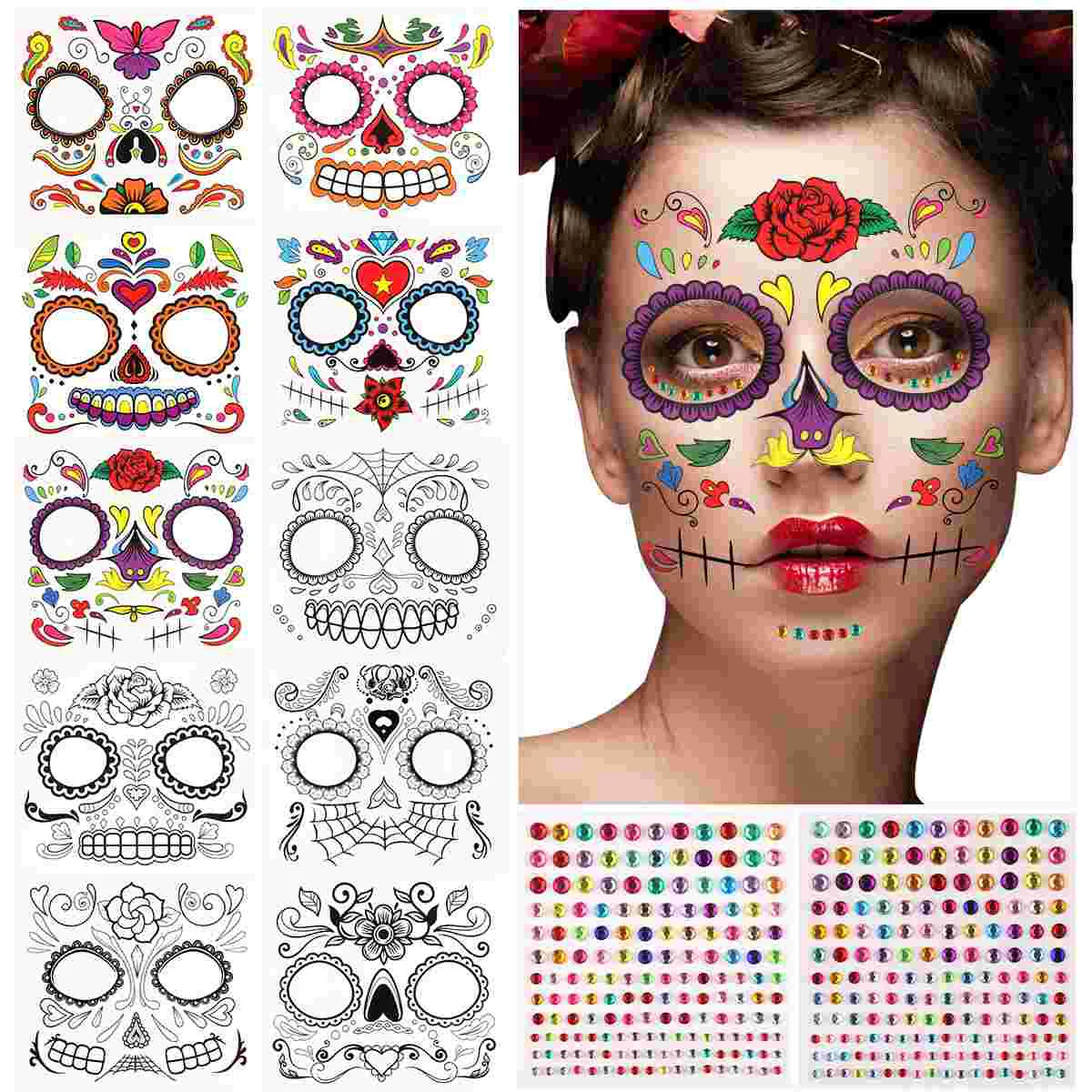

10Pcs Temporary Tattoos Waterproof Tattoos for Makeup Masquerade Party Party Favor Supplies with 2Pcs Body Jewel Sticker