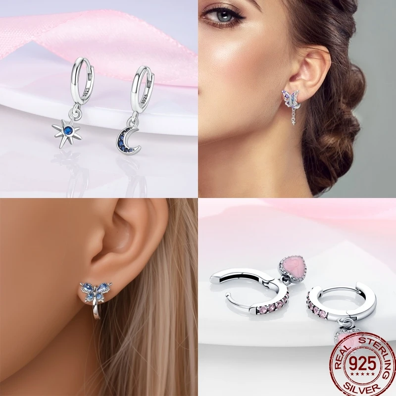 S925 Silver Pink Heart Bow Hoop/Stud/Drop Earrings with Zirconia Star Moon Bees Ladybug Charms Jewelry Gifts hoop earrings silver earrings silver stud earrings silver hoop earrings womens earrings heart hoop earrings heart earrings