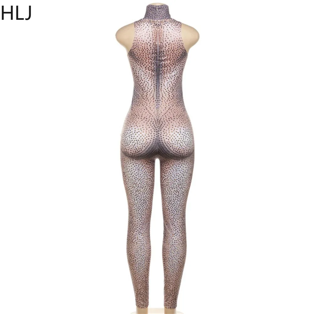 HLJ Spring New Rhinestone Bodycon Party Nigtclub Jumpsuits Women O Neck Sleeveless Slim Playsuits Fashion Female Print Overalls