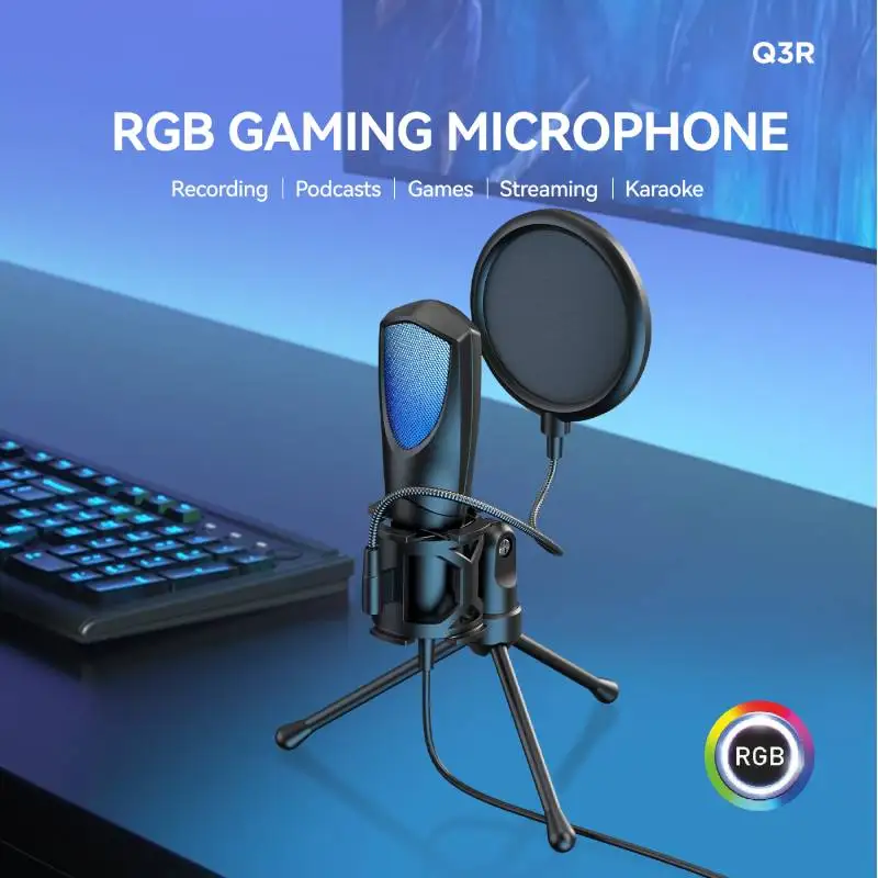 USB 마이크 RGB 마이크로폰 콘덴서 노이즈 감소 유선 게임 마이크, 팟캐스트 녹음 스튜디오 스트리밍 노트북 데스크탑 PC용