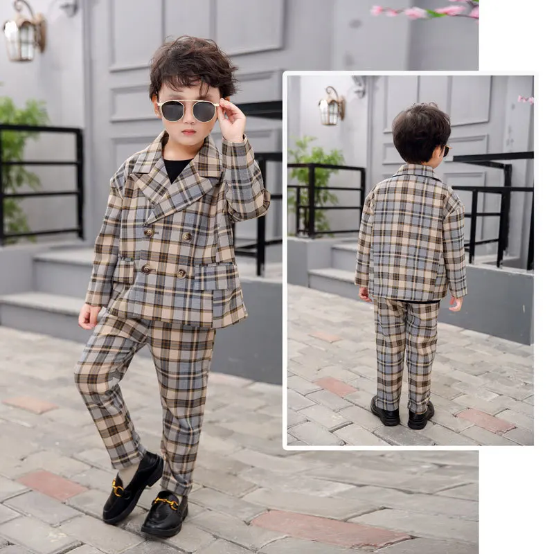 

3-11y Kids Pant Blazers 2pcs Sets Autumn Spring Boys Casual Suit Jackets Double Breasted Plaid Children Wedding Clothes H78