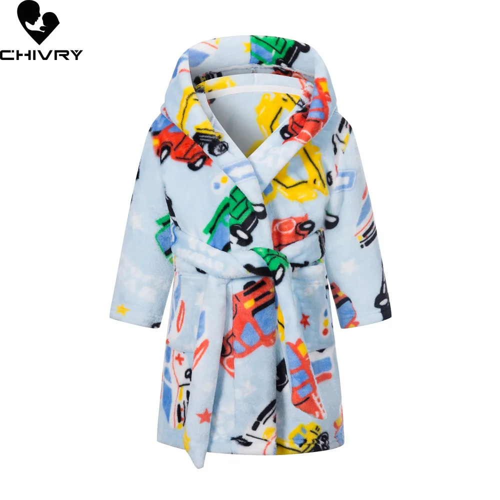 Kids Pajamas Set Flannel Pajamas Child Bathrobe Kids Robe New Autumn Winter Kids Hooded Flannel Bathrobe Baby Bath Robes Boys Girls Cute Cartoon Soft Warm Pajamas Long Sleeve Towel Robe