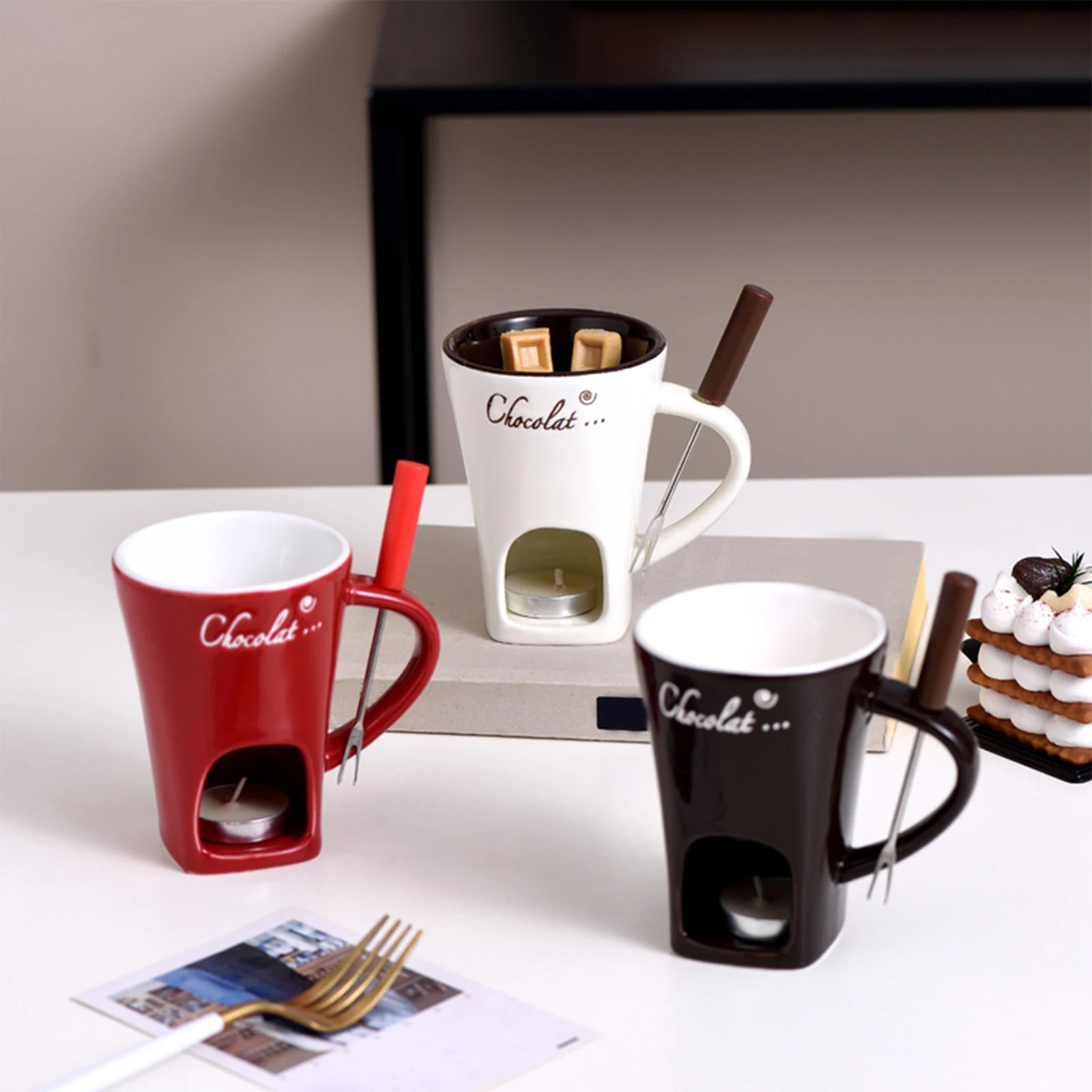 Fondue Mug Chocolate Melting Cup with Fork and Spoon Cheese Butter Warmer for Anniversary Birthday Home Kitchen Dinner Cooking