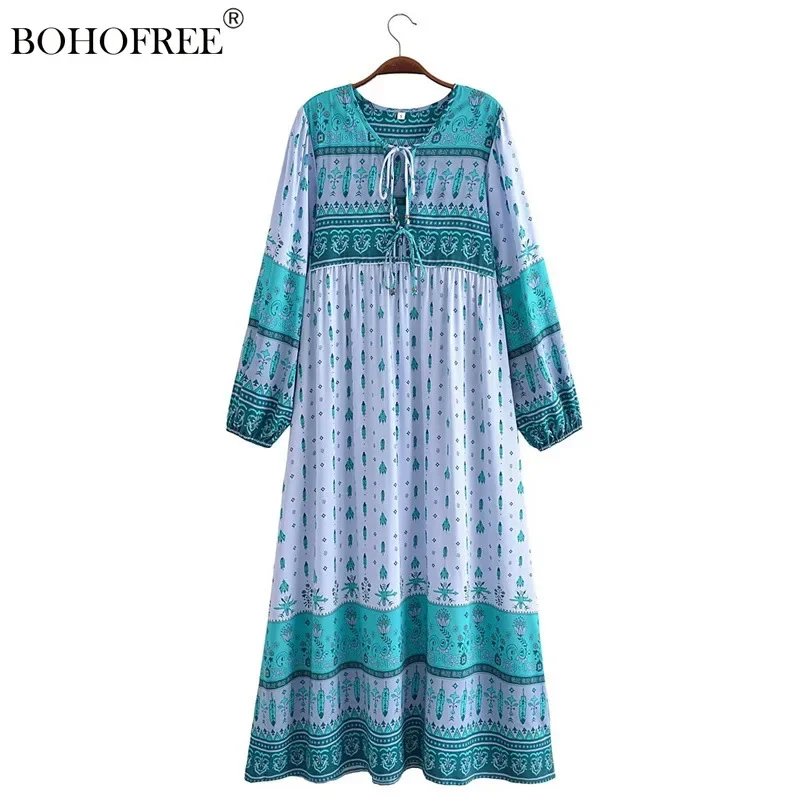 

Vintage Chic Floral Print Rayon Cotton Long Sleeve Autumn Wear Boho Kaftan Robe Bohemian Style Retro Holiday Vestidos Women