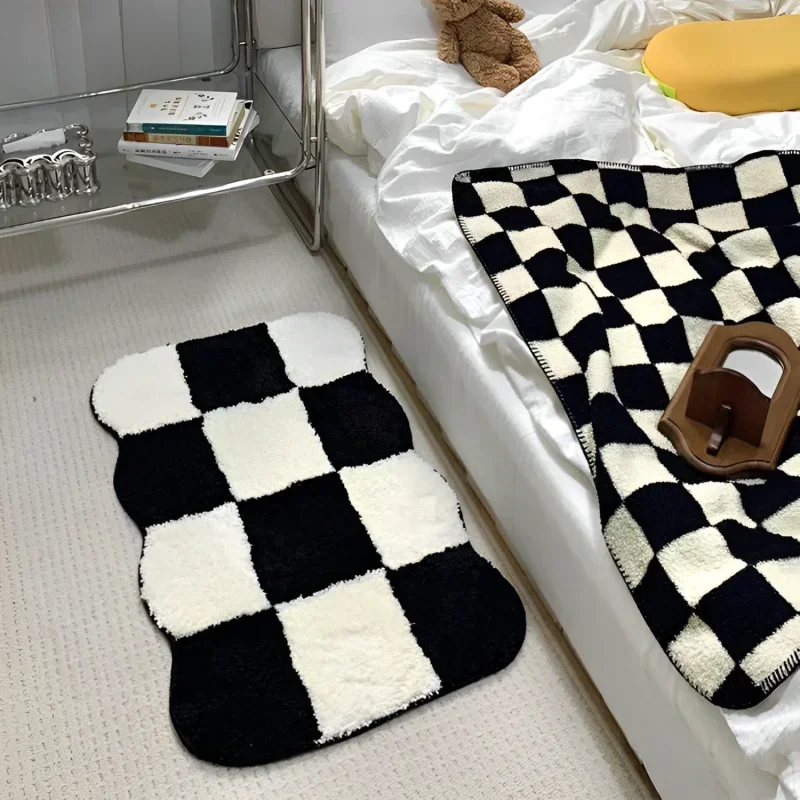 Tufting Checkerboard Carpet for Bedroom Decor Retro Fluffy Bedside Area Rug Washroom Foot Mat Living Room Coffee Table Home Rugs