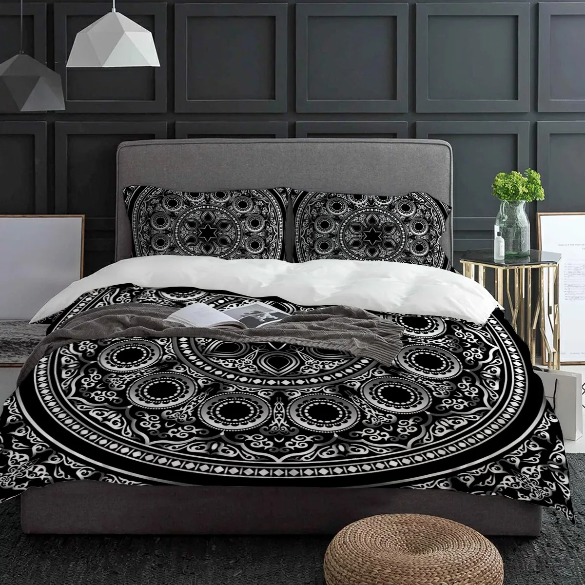 Geometric Mandala Flower Black Duvet CoverPillow Case Custom 3pcs Bedding Set Quilt Cover Double Bed Home Textile
