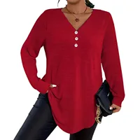 Plus Size Long-Sleeved Top Solid Color V-neck Button-down Long-Sleeved T-shirt Curves Fashion Casual Pullover Tops
