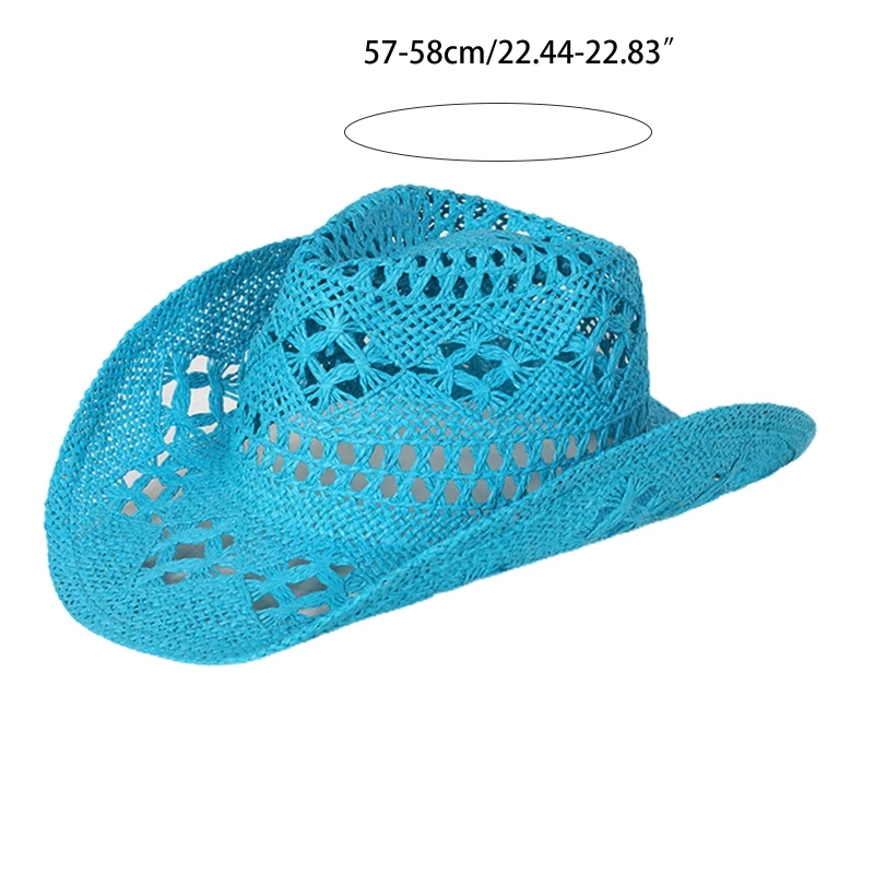 Western Crochet Cowboy Straw Hat Women Men Casual Handmade  Hollow out Cowgirl Hat Solid Color Outdoor Wide Brim Beach Cap images - 6