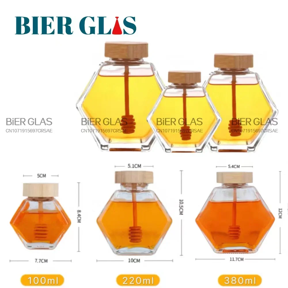5 - 10pcs Hexagonal Glass Honey Bottle with Dipper Wooden Stirring Sticks Packaging Jars Dispenser Food Storage Container Gift 5