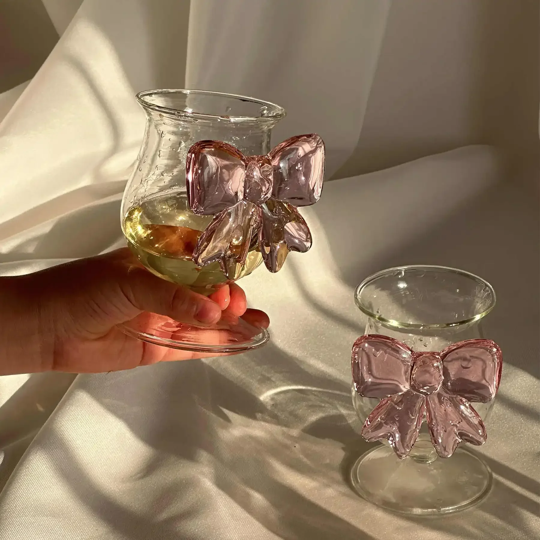 Pink Bow Transparent Glass Milk Coffee Juice Glass High Borosilicate Heat-Resistant Dessert Yogurt Bowl with Bow Handle