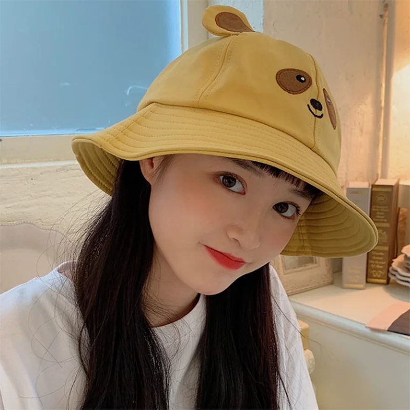 남여 곰 패턴 코튼 버킷 모자, 남성 및 여성용 코튼 양면 태양 모자, 여름 파나마 패션 폴드 태양 낚시 어부 모자 