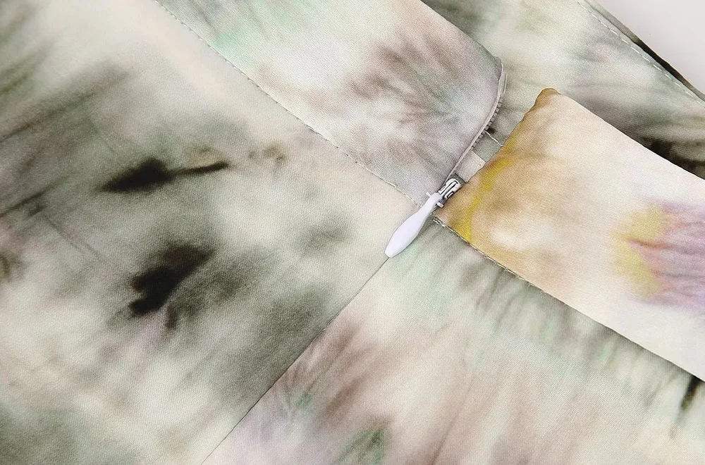 TRAF Women Fashion Tie-dye Print Flare Pants Vintage High Waist Side Zipper Female Trousers Mujer Chiffon Casual Clothes