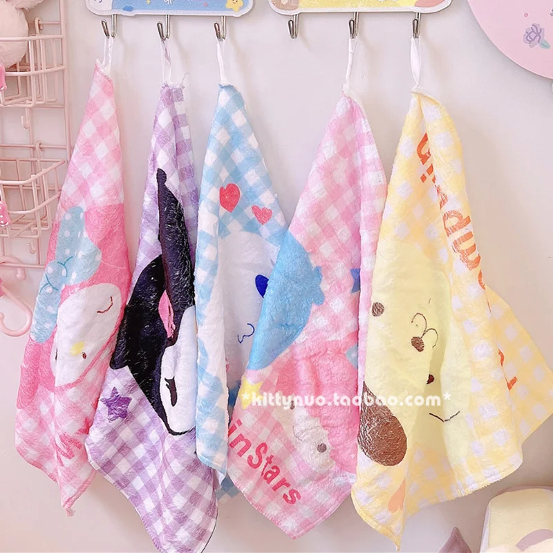 Kawaii Sanrio Towel Cartoon Kuromi Meoldy Plaid Knitted Soft Face Clean