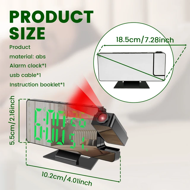 New Projection Alarm Clock with 180° Rotatable Projector 4 Level Dimmable Mirror Projection Clock 5