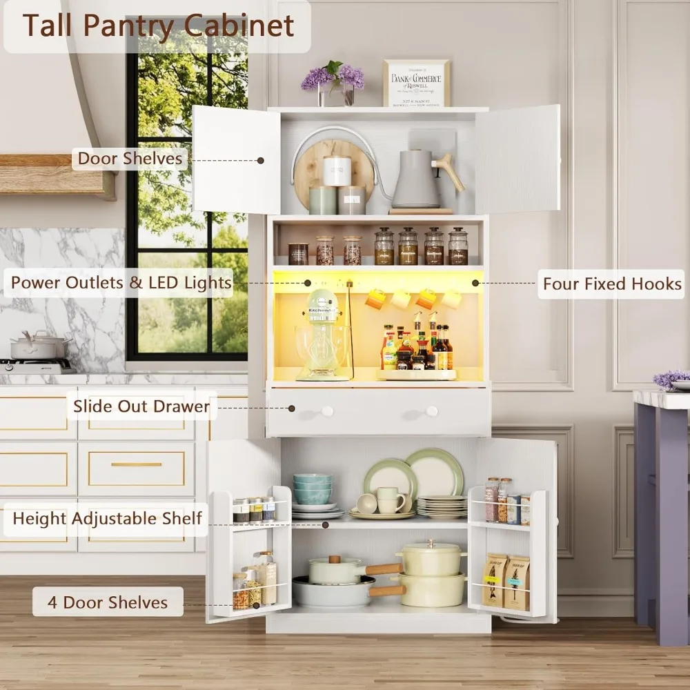 71" Tall Kitchen Pantry Cabinet with Power Outlet & LED Light, Freestanding Storage with 4 Doors, Shelves, Drawer, White