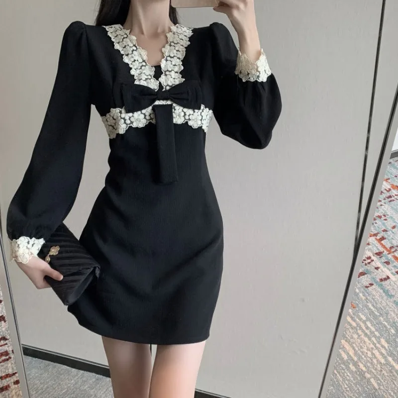 

Deeptown Korean Style Black Mini Dress Women Coquette Sext Patchwork Long Sleeve Bodycone Dresses Office Lady Vestidos Autumn