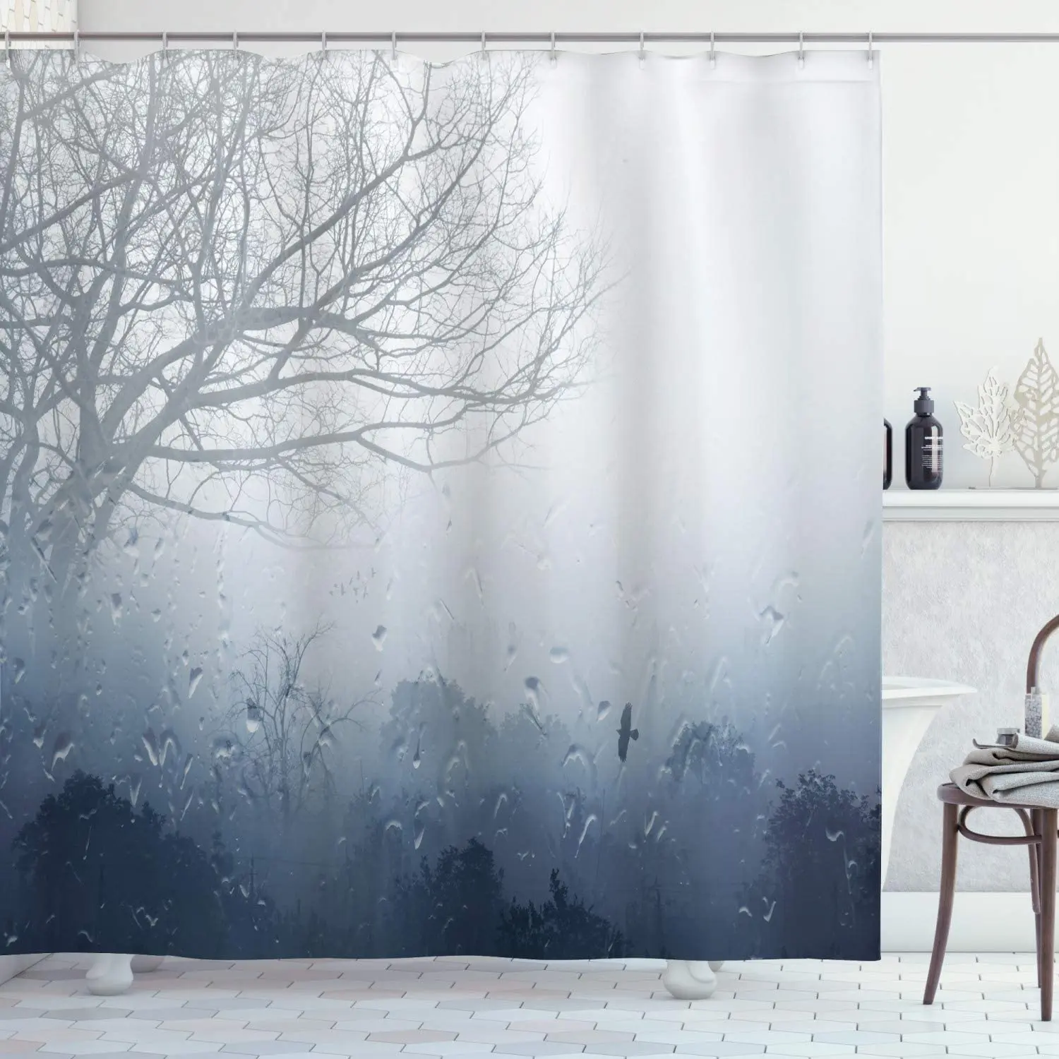 Landscape Shower Curtain, Raindrops Mystic Foggy Scenery Dramatic Water Drops Lonely Tree, Cloth Fabric Bathroom Decor