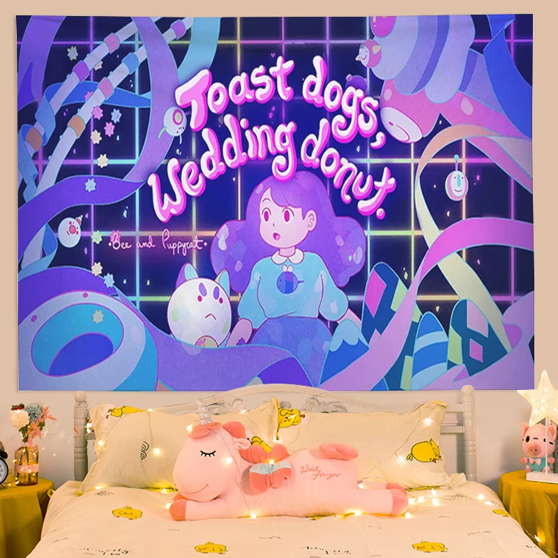 

Cute Room Decor Aesthetic Bee and Puppycat Cat Decoration Home Fabric Tapestry for Wall Hanging Art Mural Tapestries Decors Boho