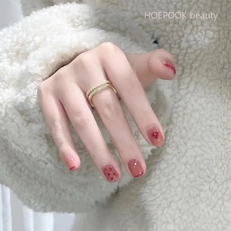 

24pcs Pink Heart Dot Coffin Cute Kawaii Press On Nail Tips Finished Reusable False Nails Art Full Coverage Artificial Fake Nails