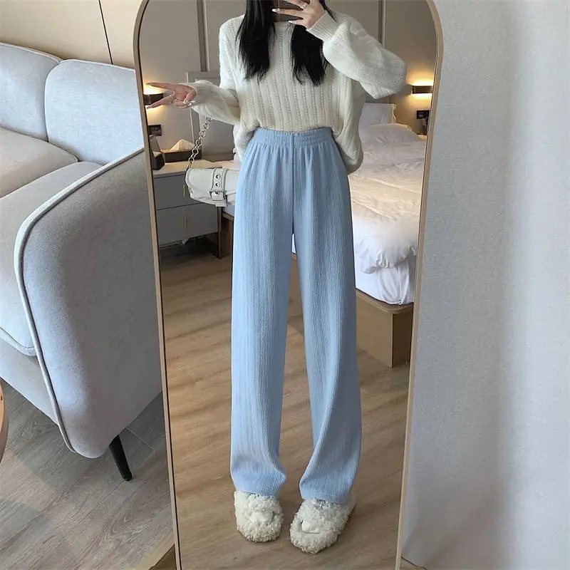 

Leisure Knitted Pants For women New In Autumn And Winter High Waisted s Straight Tube Chenille Wide Leg Mop Pants 2023