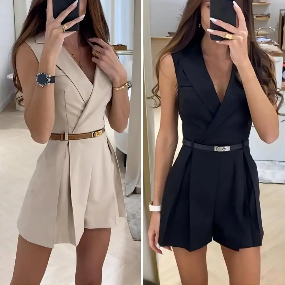 

V Neck Lady Romper Elegant V Neck Romper for Women Chic Formal Style Jumpsuit with Pleated Detail Slim Fit Above Knee Length