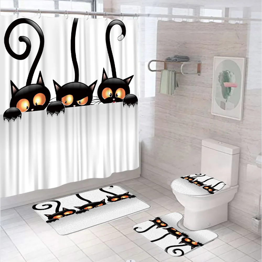 

Cartoon Black Cat Pet Shower Curtain Sets Non-Slip Rug Bath Mat Toilet Lid Cover Cute Funny Lovely Animal Kids Bathroom Curtains