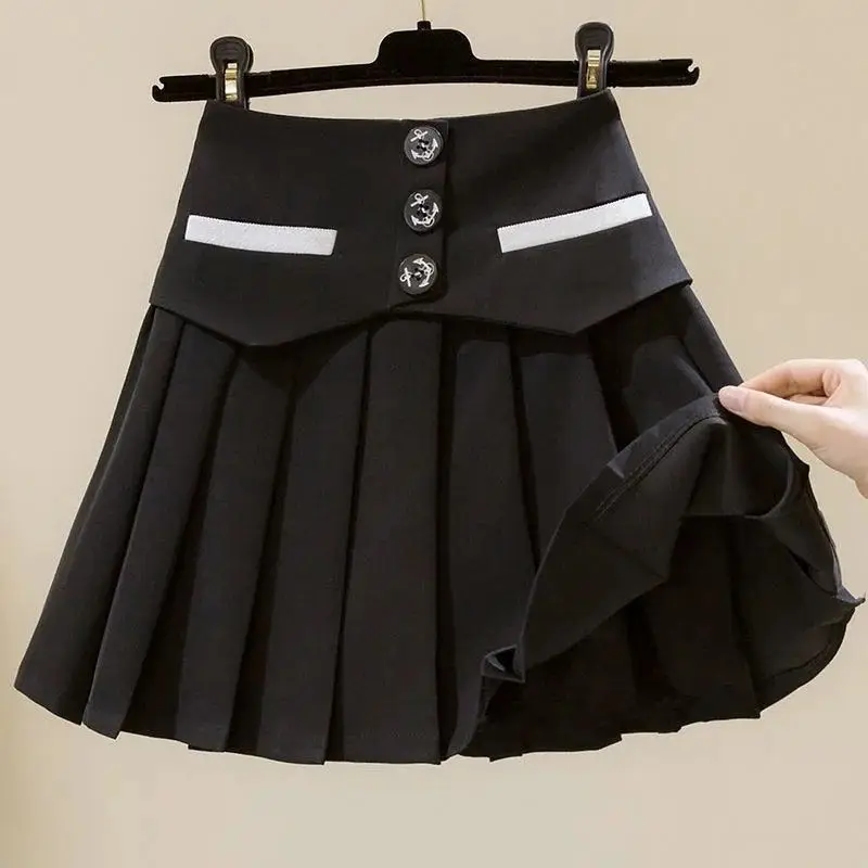 Summer New High Waist Zipper Patchwork A-line Skirt Button Solid Color Loose Pleated Skirt Preppy Style Casual Women Clothing