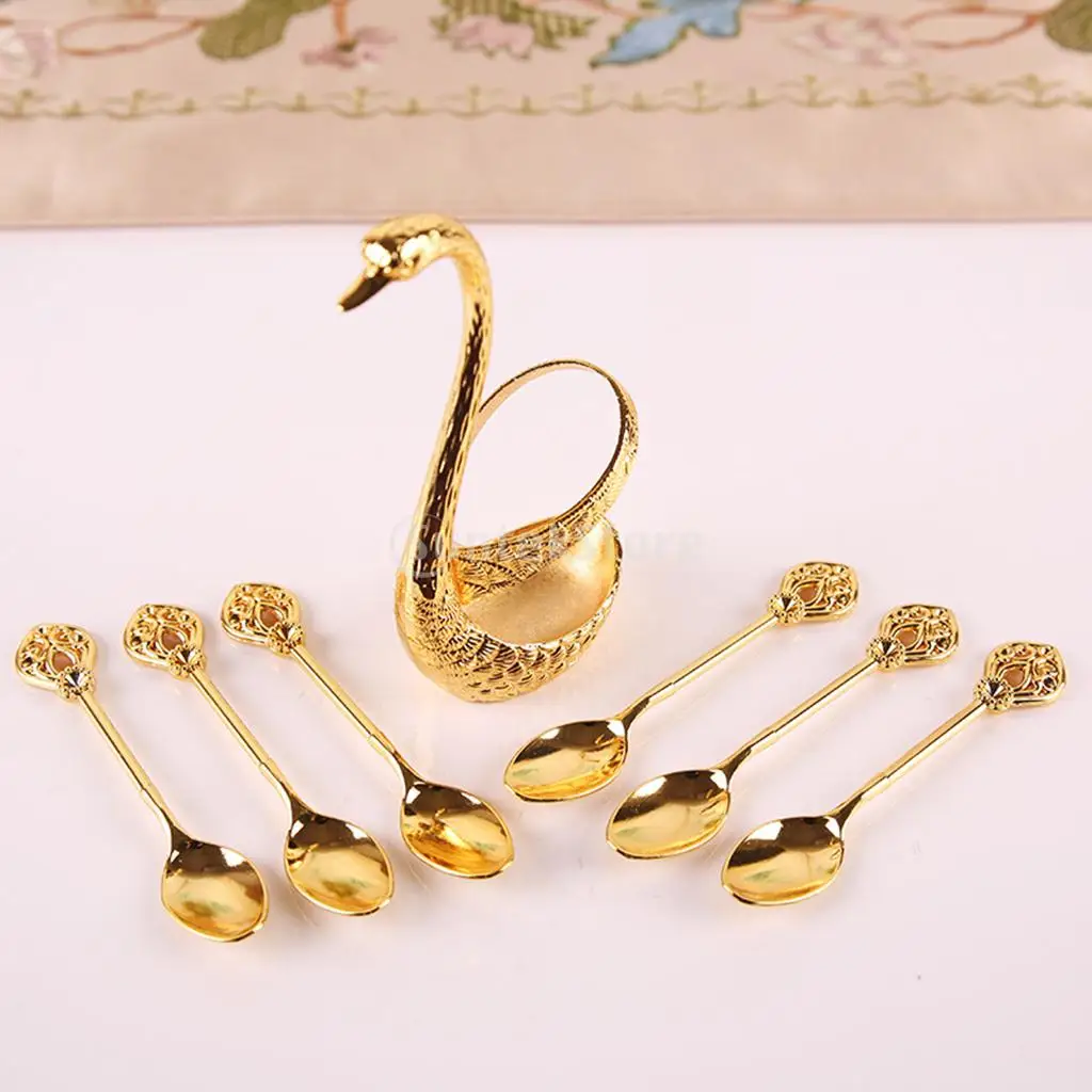Stainless Steel Creative Dinnerware Set Decorative Swan Base Holder with 6 Spoons for Coffee Fruit Dessert Stirring Mixing cutlery set,western style cutlery set,picnic cutlery set,stainless steel cutlery set