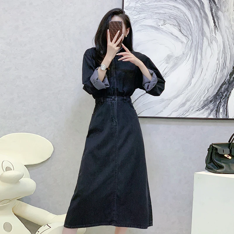 Autumn Vintage Denim Sheath Women Dress Long Casual High Waist Turndown Collar Long Sleeve