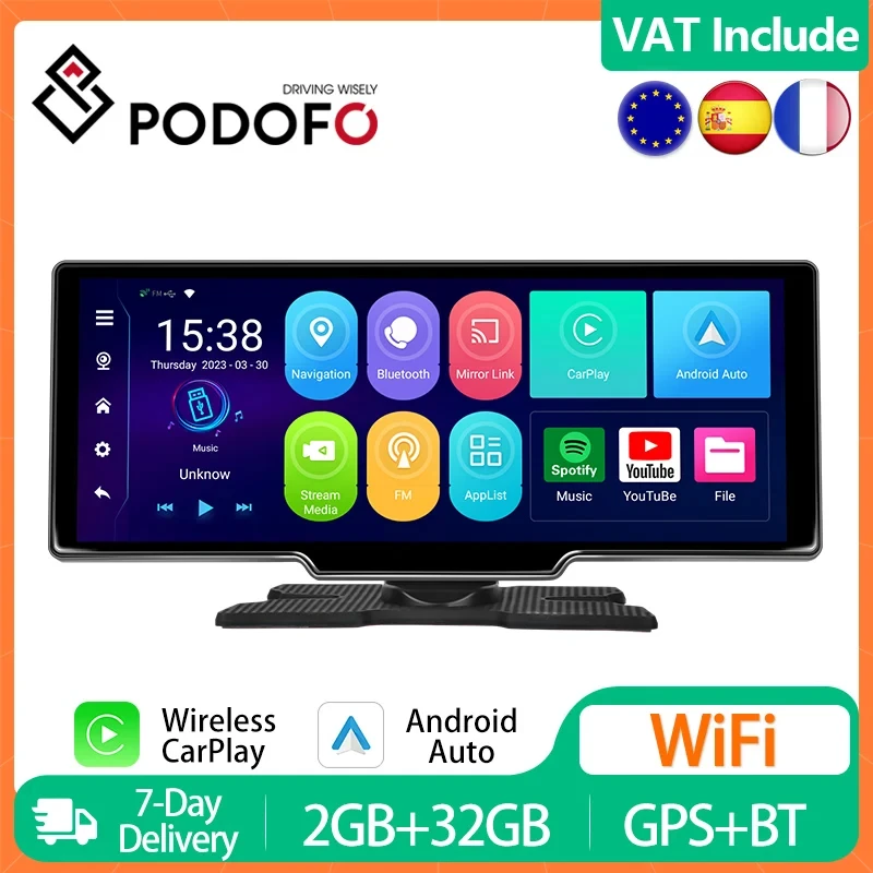 Podofo Android Wireless Carplay Player Android Auto Wifi 2Gb + 32Gb Navigazione Gps Ricevitore Stereo Cruscotto Lettore Multimediale Bt