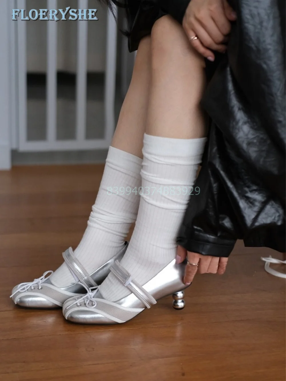 

Niche Ballet Style Pumps Bowling Shoes 2024 New Bow Tie Mary Jane High Heel Shoes For Women Genuine Leather Sliver Lace Up